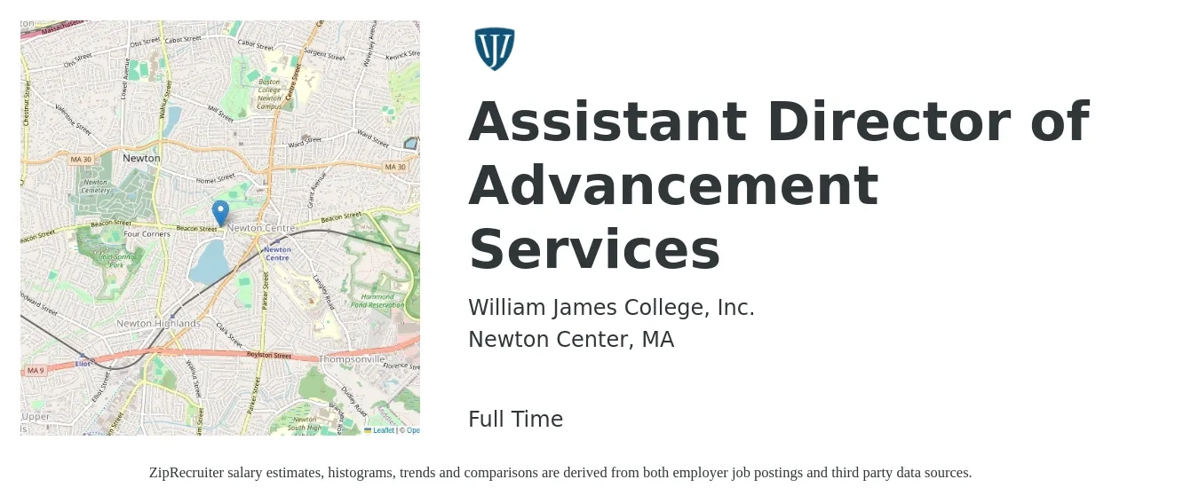 William James College, Inc. job posting for a Assistant Director of Advancement Services in Newton Center, MA with a salary of $49,000 to $98,600 Yearly with a map of Newton Center location.