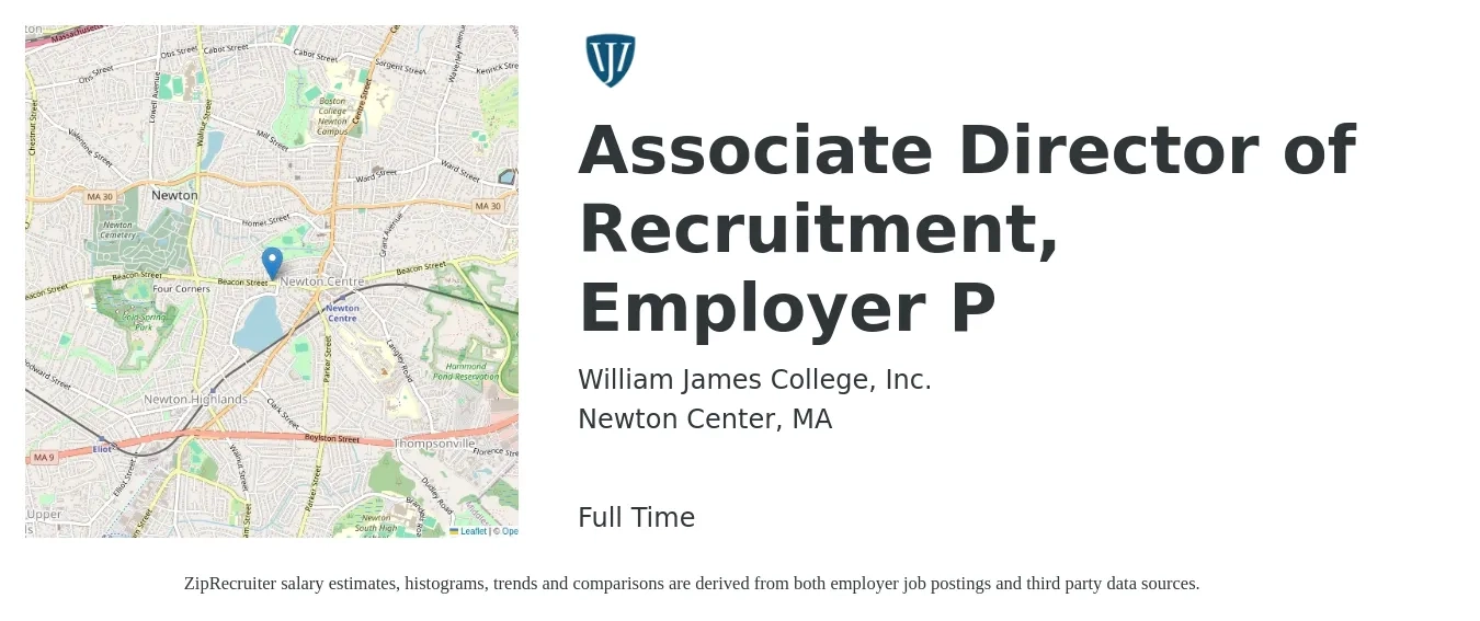 William James College, Inc. job posting for a Associate Director of Recruitment, Employer P in Newton Center, MA with a map of Newton Center location.