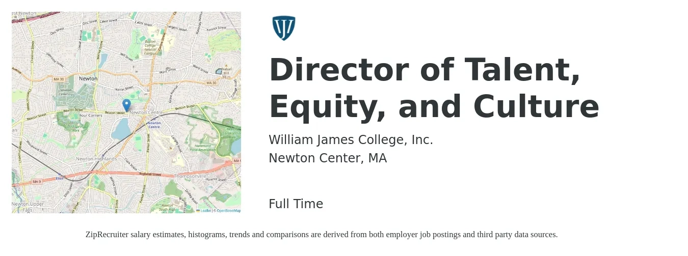 William James College, Inc. job posting for a Director of Talent, Equity, and Culture in Newton Center, MA with a salary of $54,000 to $124,500 Yearly with a map of Newton Center location.