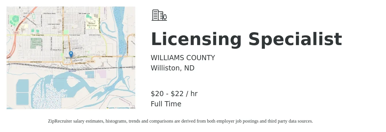 WILLIAMS COUNTY job posting for a Licensing Specialist in Williston, ND with a salary of $22 to $23 Hourly with a map of Williston location.