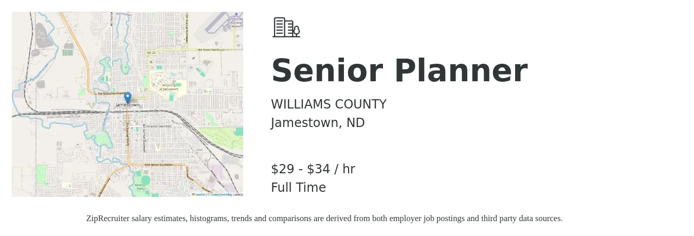 WILLIAMS COUNTY job posting for a Senior Planner in Jamestown, ND with a salary of $31 to $35 Hourly with a map of Jamestown location.