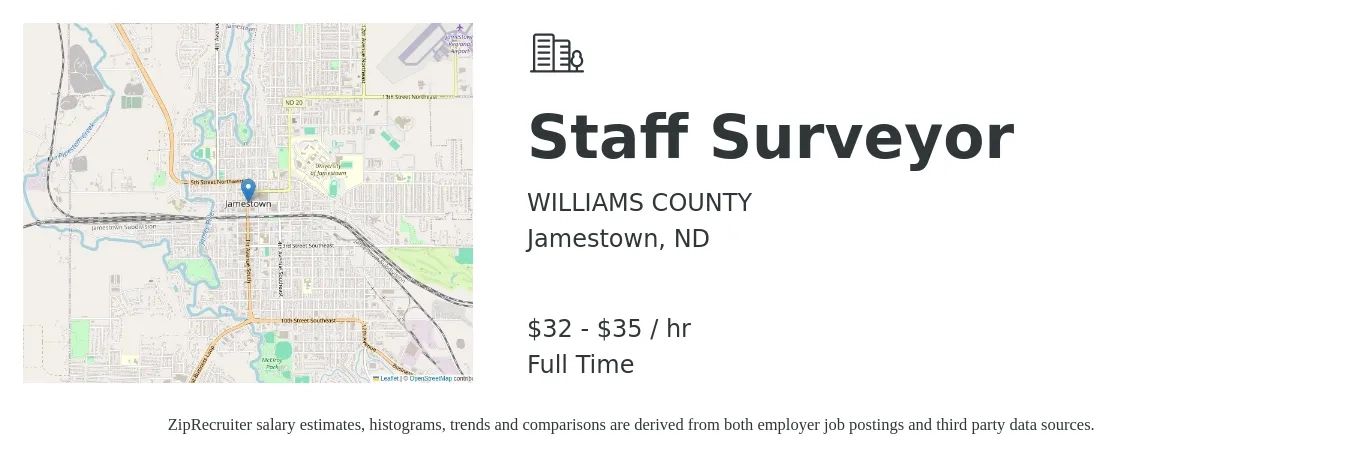 WILLIAMS COUNTY job posting for a Staff Surveyor in Jamestown, ND with a salary of $34 to $37 Hourly with a map of Jamestown location.