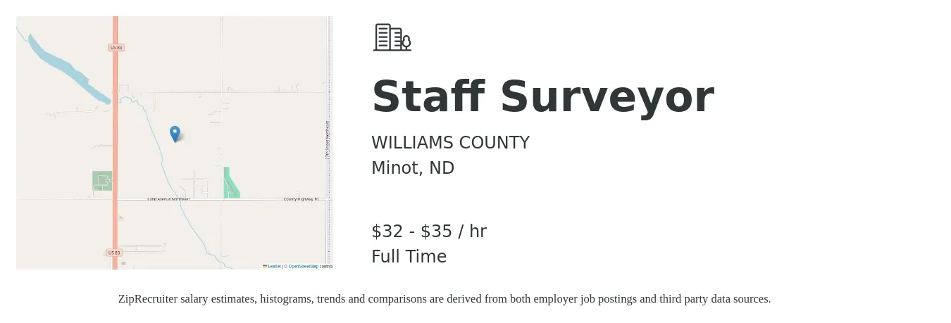 WILLIAMS COUNTY job posting for a Staff Surveyor in Minot, ND with a salary of $34 to $37 Hourly with a map of Minot location.