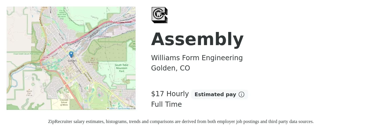 Williams Form Engineering job posting for a Assembly in Golden, CO with a salary of $18 Hourly with a map of Golden location.