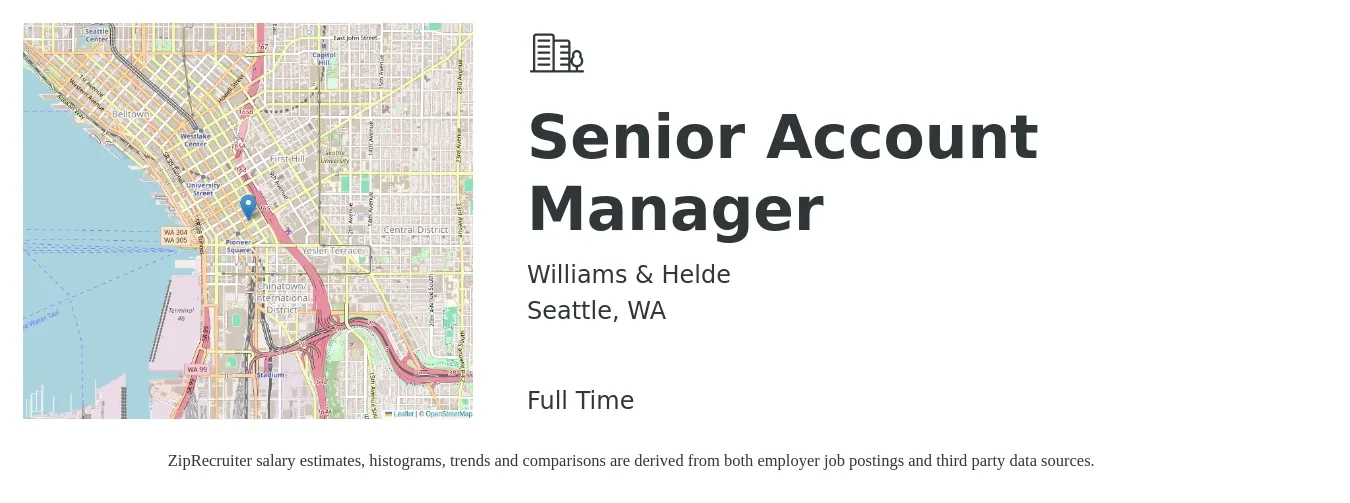 Williams & Helde job posting for a Senior Account Manager in Seattle, WA with a salary of $95,000 Yearly with a map of Seattle location.