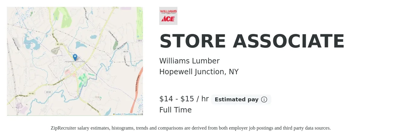Williams Lumber job posting for a STORE ASSOCIATE in Hopewell Junction, NY with a salary of $16 to $16 Hourly with a map of Hopewell Junction location.