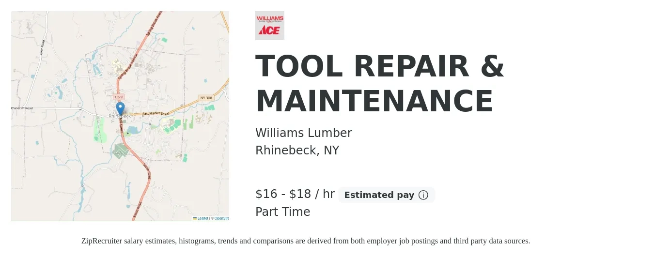 Williams Lumber job posting for a TOOL REPAIR & MAINTENANCE in Rhinebeck, NY with a salary of $17 to $19 Hourly with a map of Rhinebeck location.