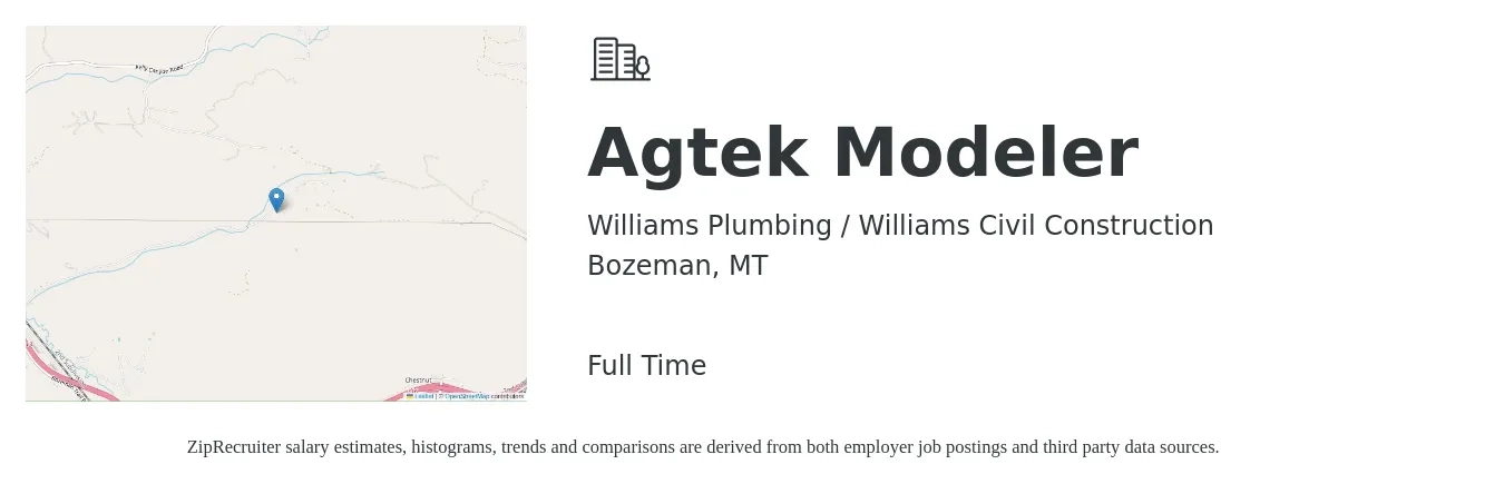 Williams Plumbing / Williams Civil Construction job posting for a Agtek Modeler in Bozeman, MT with a salary of $35 to $49 Hourly with a map of Bozeman location.