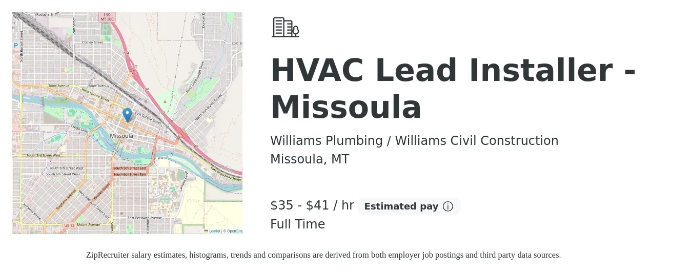 Williams Plumbing / Williams Civil Construction job posting for a HVAC Lead Installer - Missoula in Missoula, MT with a salary of $37 to $43 Hourly with a map of Missoula location.