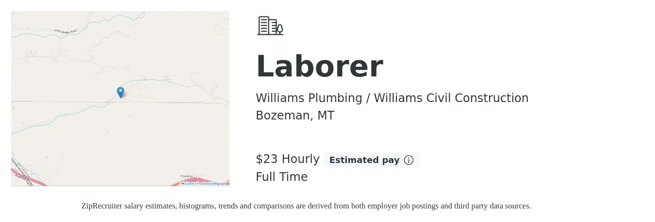Williams Plumbing / Williams Civil Construction job posting for a Laborer in Bozeman, MT with a salary of $24 Hourly with a map of Bozeman location.