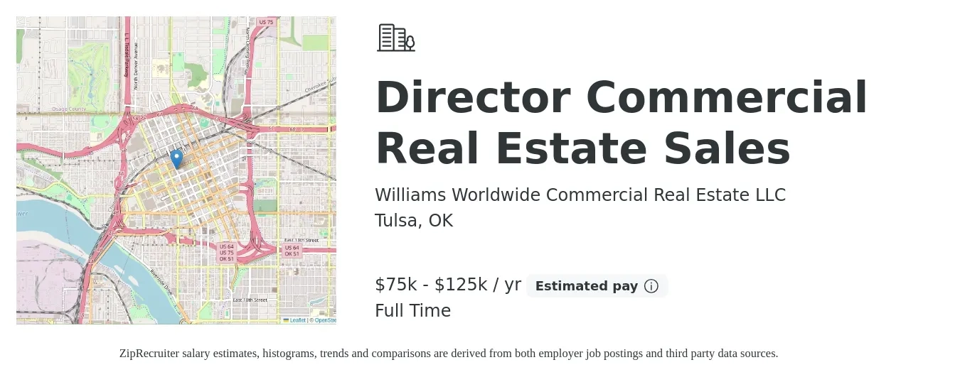 Williams Worldwide Commercial Real Estate LLC job posting for a Director Commercial Real Estate Sales in Tulsa, OK with a salary of $75,000 to $125,000 Yearly with a map of Tulsa location.