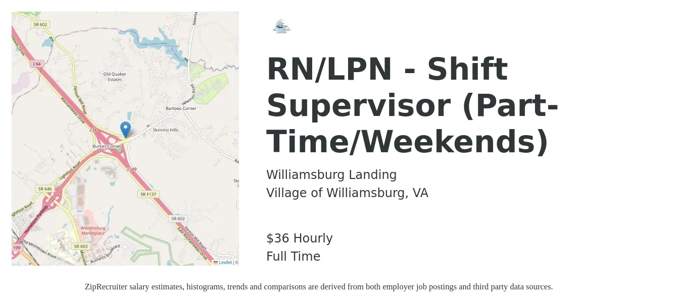 Williamsburg Landing Inc job posting for a RN/LPN - Shift Supervisor (Part-Time/Weekends) in Village of Williamsburg, VA with a salary of $38 Hourly with a map of Village of Williamsburg location.