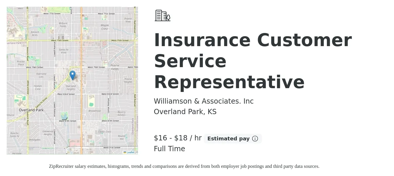 Williamson & Associates. Inc job posting for a Insurance Customer Service Representative in Overland Park, KS with a salary of $17 to $19 Hourly with a map of Overland Park location.