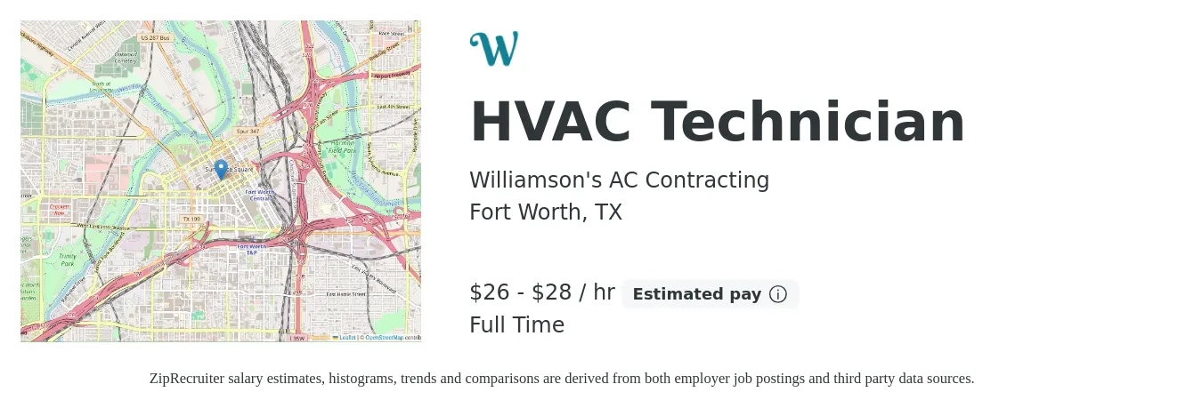 Williamson's AC Contracting job posting for a HVAC Technician in Fort Worth, TX with a salary of $28 to $30 Hourly with a map of Fort Worth location.