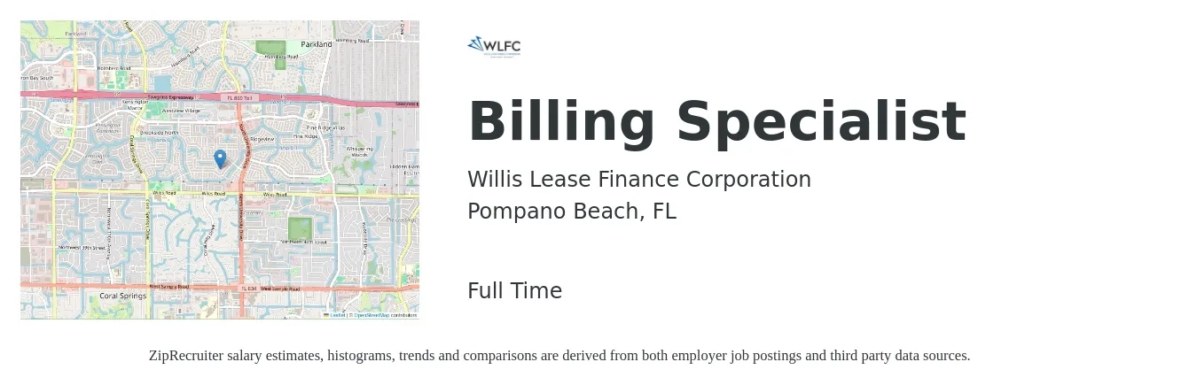 Willis Lease Finance Corporation job posting for a Billing Specialist in Pompano Beach, FL with a salary of $18 to $24 Hourly with a map of Pompano Beach location.