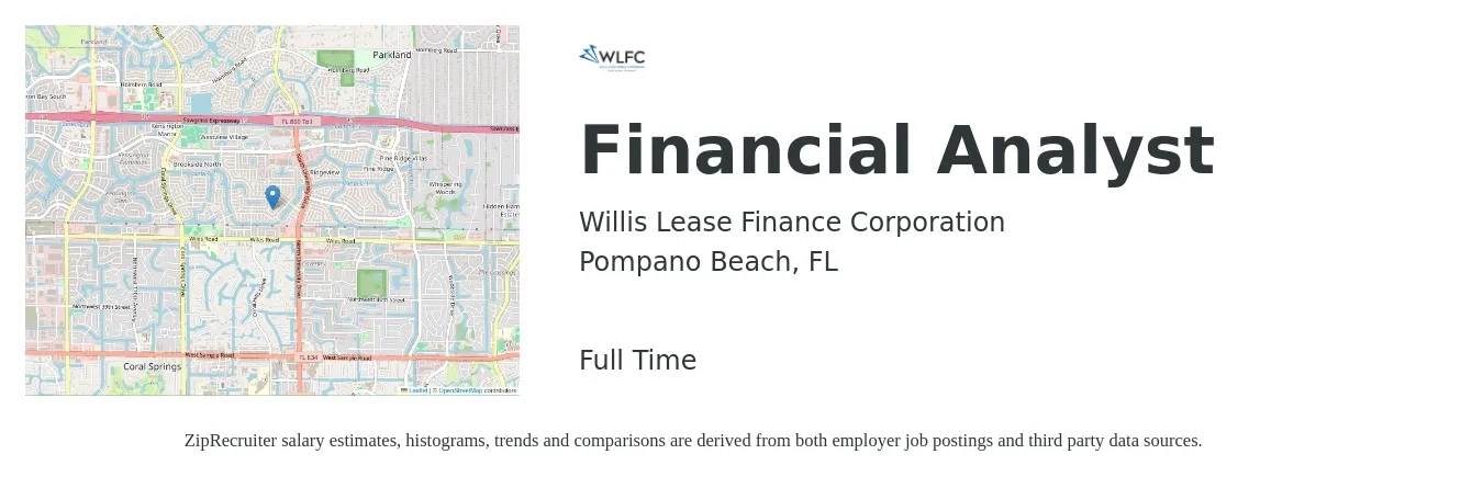 Willis Lease Finance Corporation job posting for a Financial Analyst in Pompano Beach, FL with a salary of $65,900 to $104,000 Yearly with a map of Pompano Beach location.
