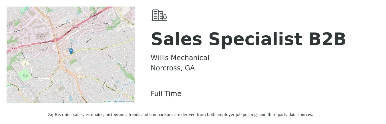 Willis Mechanical job posting for a Sales Specialist B2B in Norcross, GA with a salary of $43,100 to $71,700 Yearly with a map of Norcross location.