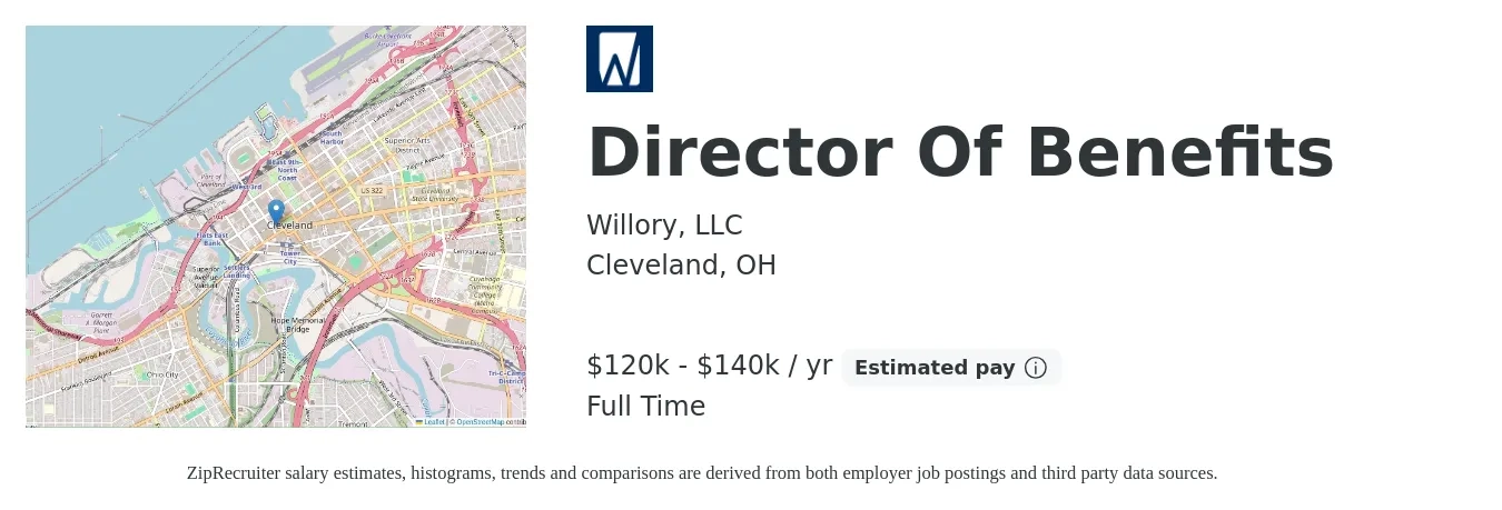 Willory, LLC job posting for a Director Of Benefits in Cleveland, OH with a salary of $120,000 to $140,000 Yearly with a map of Cleveland location.
