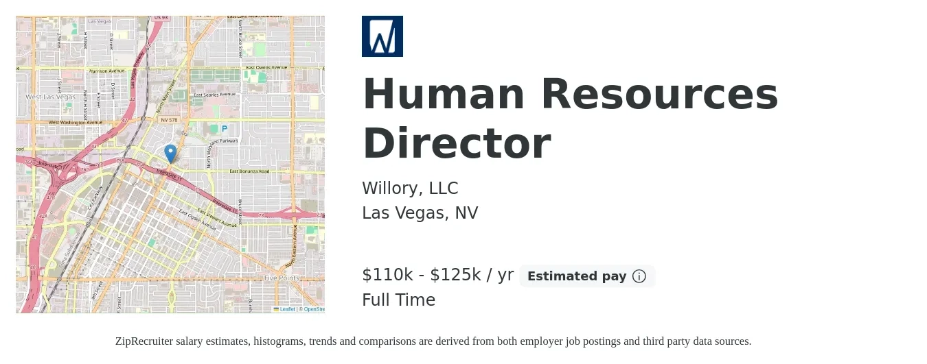 Willory, LLC job posting for a Human Resources Director in Las Vegas, NV with a salary of $110,000 to $125,000 Yearly with a map of Las Vegas location.