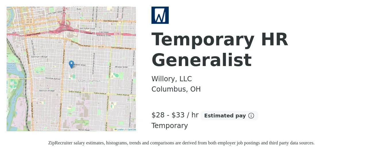 Willory, LLC job posting for a Temporary HR Generalist in Columbus, OH with a salary of $30 to $35 Hourly with a map of Columbus location.