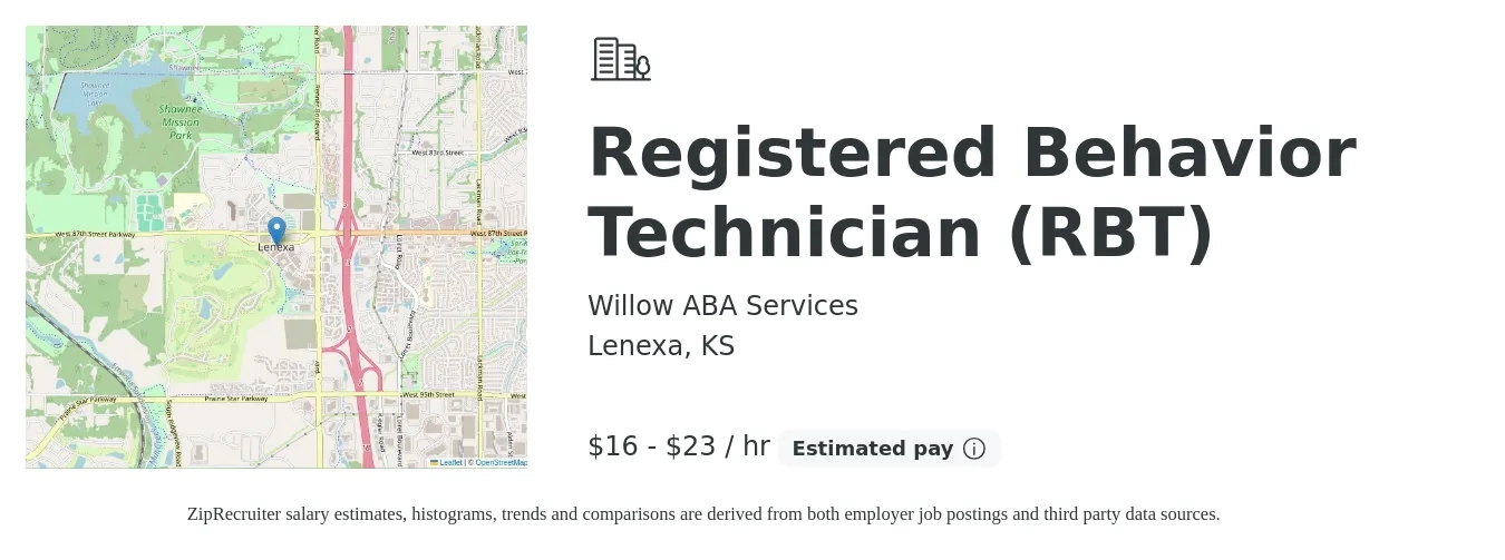 Willow ABA Services job posting for a Registered Behavior Technician (RBT) in Lenexa, KS with a salary of $18 to $24 Hourly with a map of Lenexa location.