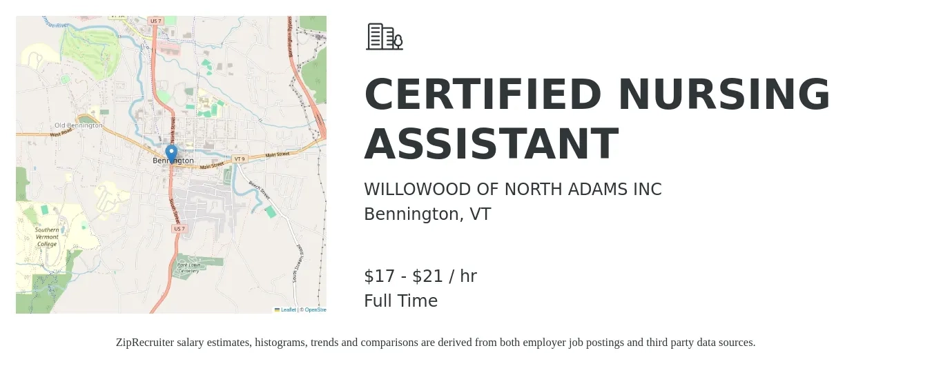 WILLOWOOD OF NORTH ADAMS INC job posting for a CERTIFIED NURSING ASSISTANT in Bennington, VT with a salary of $18 to $22 Hourly with a map of Bennington location.