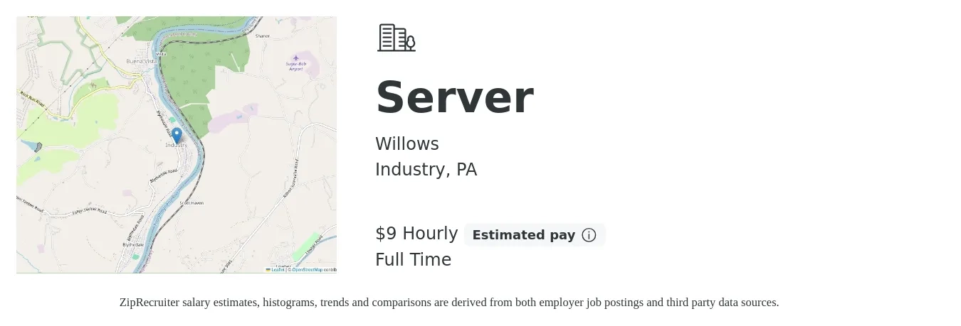 Willows job posting for a Server in Industry, PA with a salary of $10 Hourly with a map of Industry location.