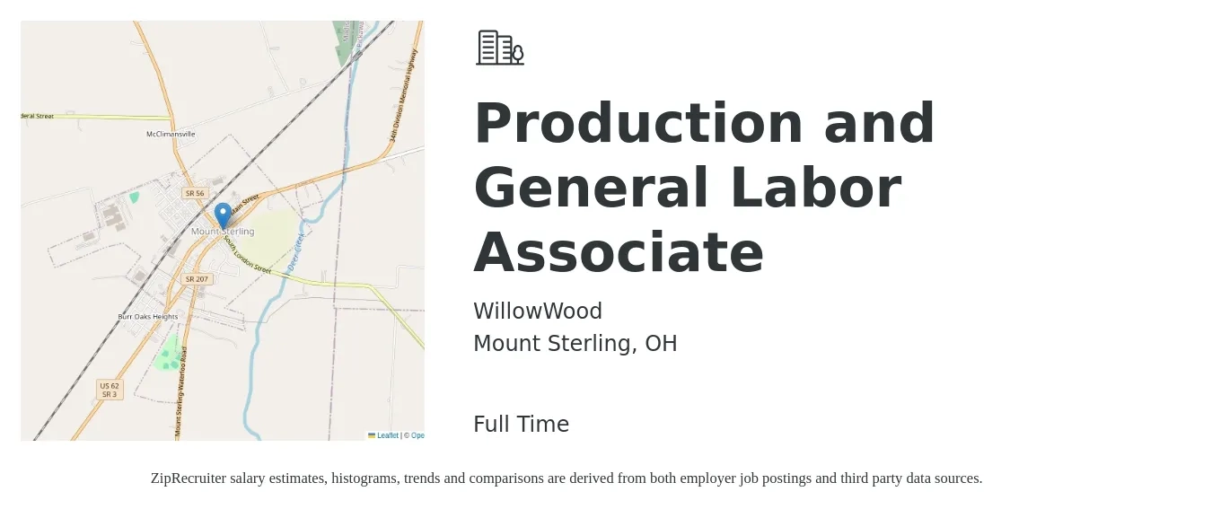 WillowWood job posting for a Production and General Labor Associate in Mount Sterling, OH with a salary of $14 to $18 Hourly with a map of Mount Sterling location.