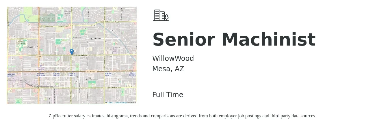 WillowWood job posting for a Senior Machinist in Mesa, AZ with a salary of $21 to $28 Hourly with a map of Mesa location.