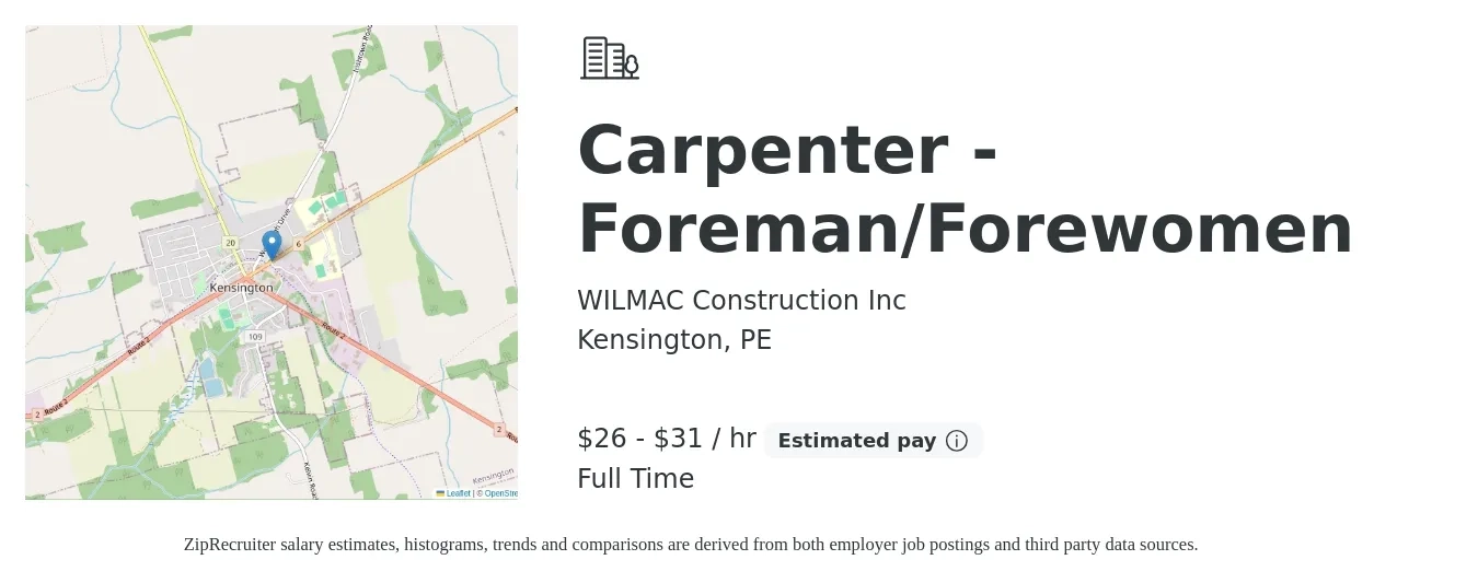 WILMAC Construction Inc job posting for a Carpenter - Foreman/Forewomen in Kensington, PE with a salary of $500 Weekly with a map of Kensington location.