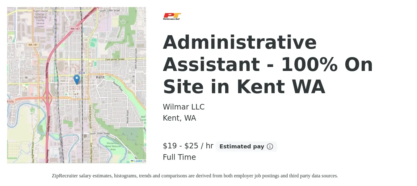 Wilmar LLC job posting for a Administrative Assistant - 100% On Site in Kent WA in Kent, WA with a salary of $20 to $26 Hourly with a map of Kent location.