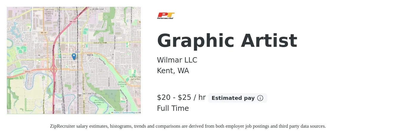 Wilmar LLC job posting for a Graphic Artist in Kent, WA with a salary of $21 to $26 Hourly with a map of Kent location.