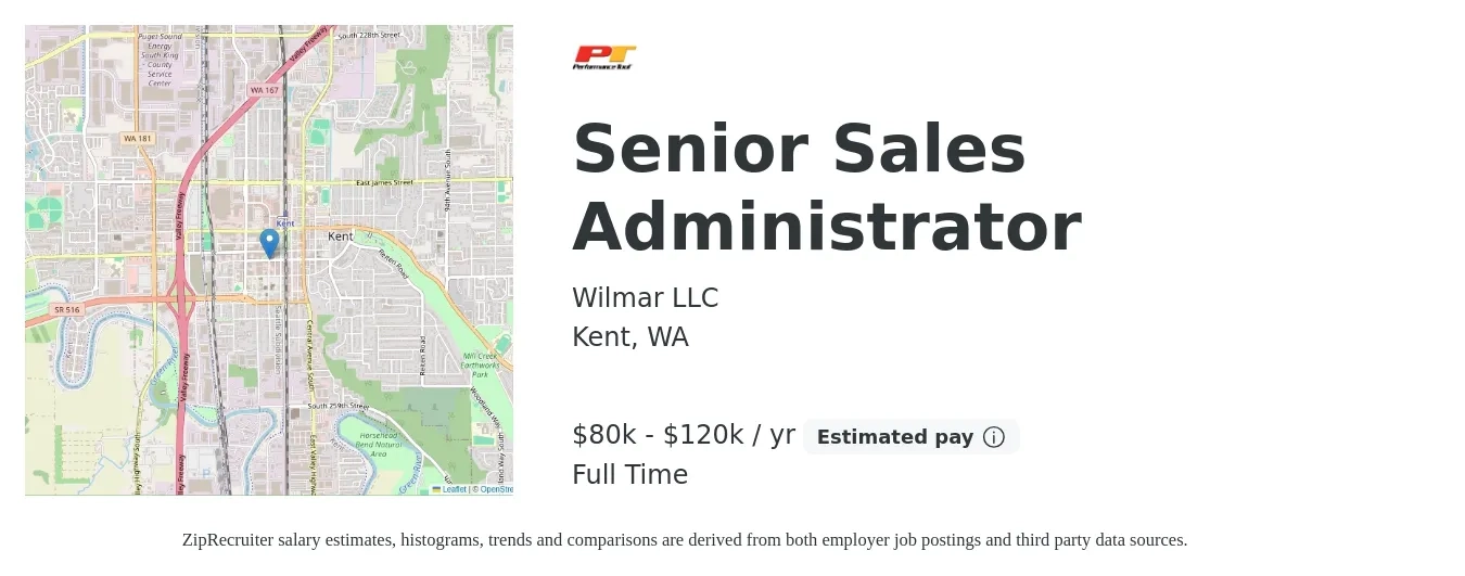 Wilmar LLC job posting for a Senior Sales Administrator in Kent, WA with a salary of $80,000 to $120,000 Yearly with a map of Kent location.