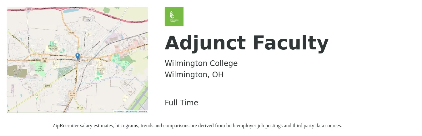 Wilmington College job posting for a Adjunct Faculty in Wilmington, OH with a salary of $33 to $62 Hourly with a map of Wilmington location.