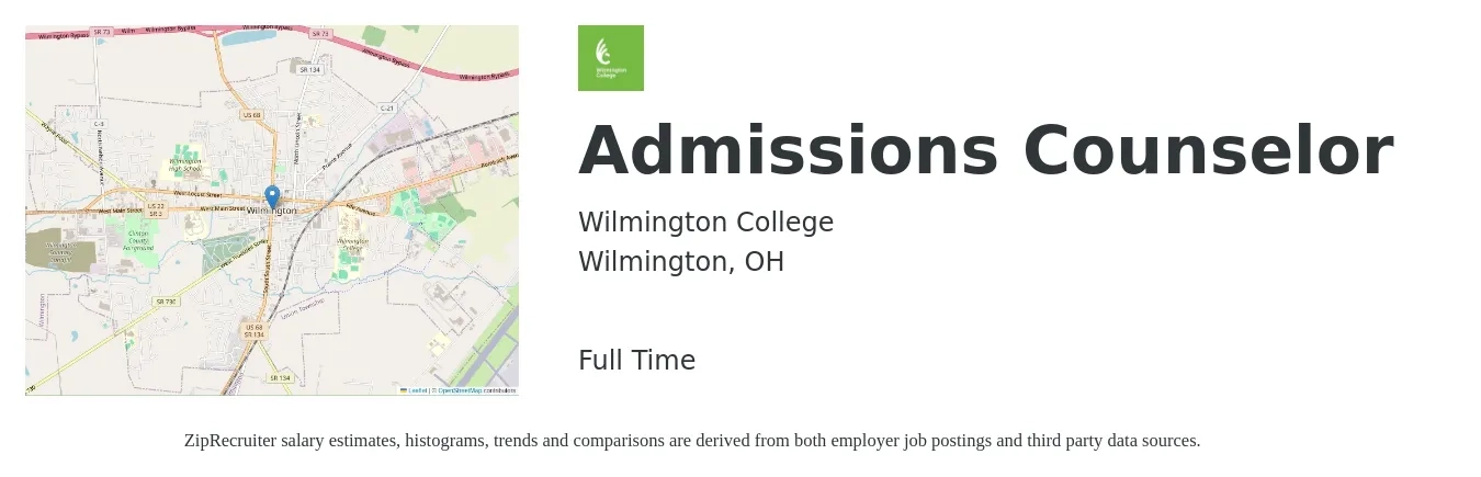 Wilmington College job posting for a Admissions Counselor in Wilmington, OH with a salary of $34,400 to $46,500 Yearly with a map of Wilmington location.