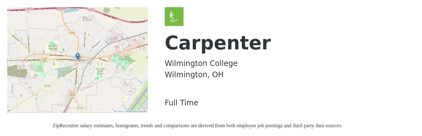Wilmington College job posting for a Carpenter in Wilmington, OH with a salary of $20 to $26 Hourly with a map of Wilmington location.
