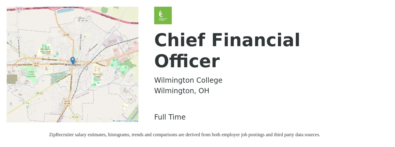 Wilmington College job posting for a Chief Financial Officer in Wilmington, OH with a salary of $126,000 to $357,300 Yearly with a map of Wilmington location.
