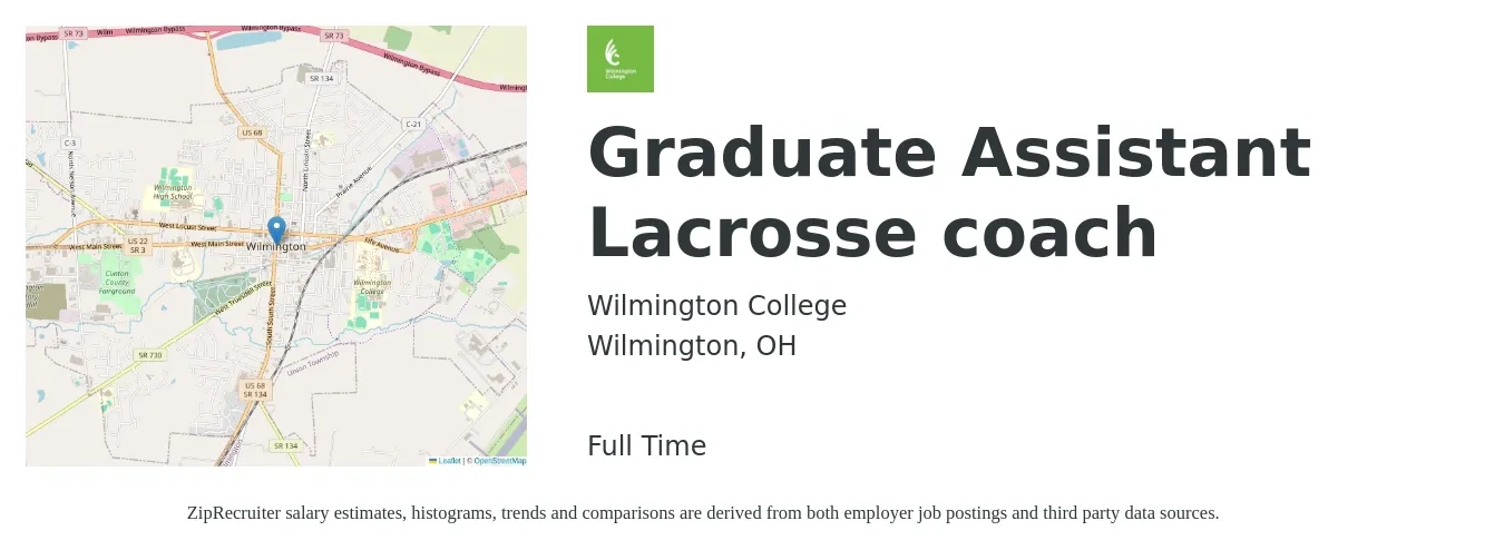Wilmington College job posting for a Graduate Assistant Lacrosse coach in Wilmington, OH with a salary of $29,900 to $46,000 Yearly with a map of Wilmington location.