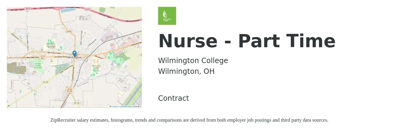 Wilmington College job posting for a Nurse - Part Time in Wilmington, OH with a salary of $28 to $40 Hourly with a map of Wilmington location.