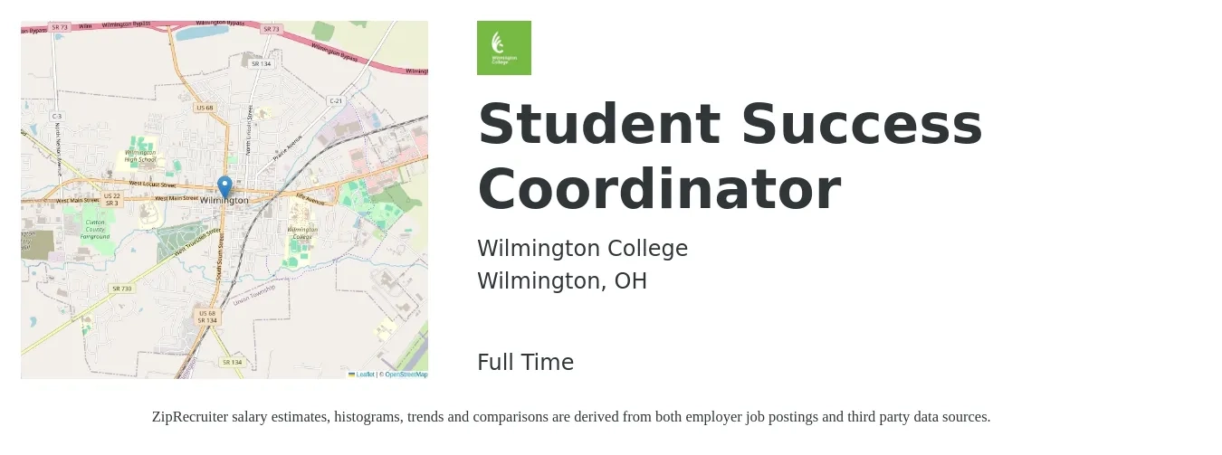 Wilmington College job posting for a Student Success Coordinator in Wilmington, OH with a salary of $36,600 to $51,400 Yearly with a map of Wilmington location.