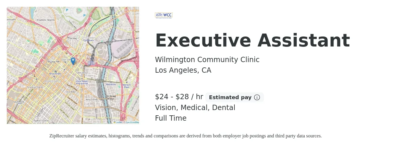 Wilmington Community Clinic job posting for a Executive Assistant in Los Angeles, CA with a salary of $25 to $30 Hourly and benefits including vision, dental, life_insurance, and medical with a map of Los Angeles location.
