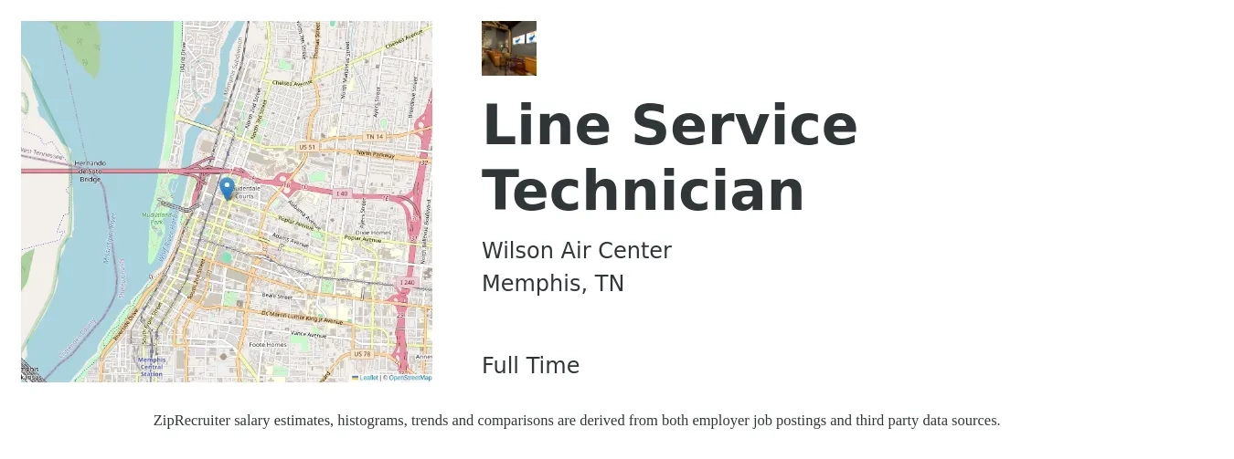 Wilson Air Center job posting for a Line Service Technician in Memphis, TN with a salary of $14 to $17 Hourly with a map of Memphis location.