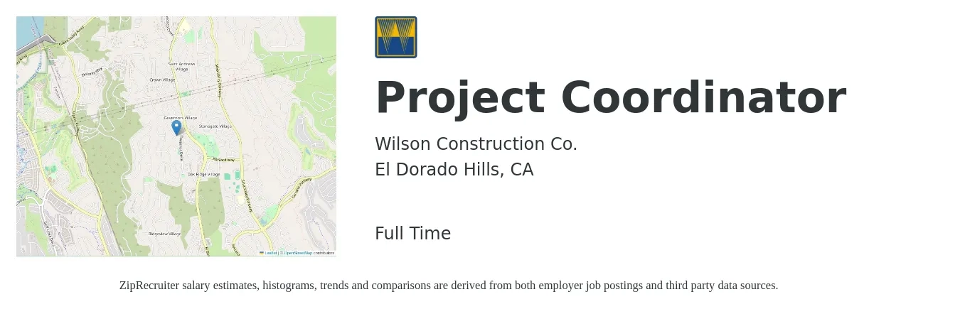 Wilson Construction Co. job posting for a Project Coordinator in El Dorado Hills, CA with a salary of $20 to $30 Hourly with a map of El Dorado Hills location.