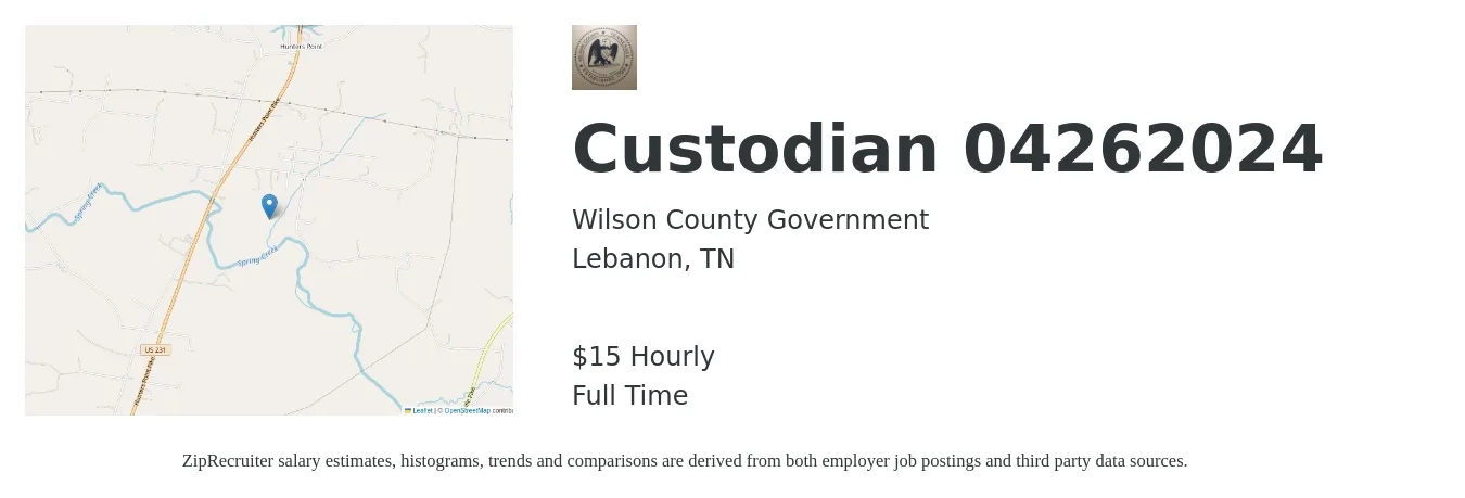 Wilson County Government job posting for a Custodian 04262024 in Lebanon, TN with a salary of $15 to $18 Hourly with a map of Lebanon location.
