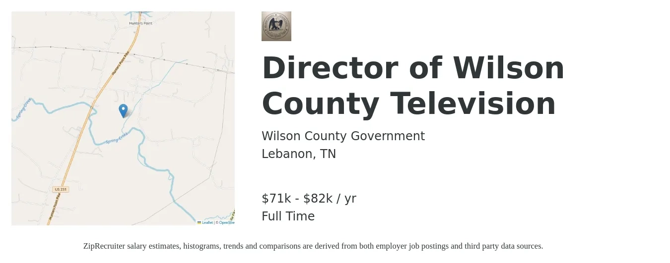 Wilson County Government job posting for a Director of Wilson County Television in Lebanon, TN with a salary of $71,508 to $82,137 Yearly with a map of Lebanon location.