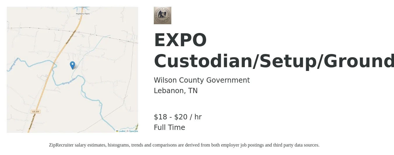 Wilson County Government job posting for a EXPO Custodian/Setup/Groundskeeper in Lebanon, TN with a salary of $19 to $22 Hourly with a map of Lebanon location.