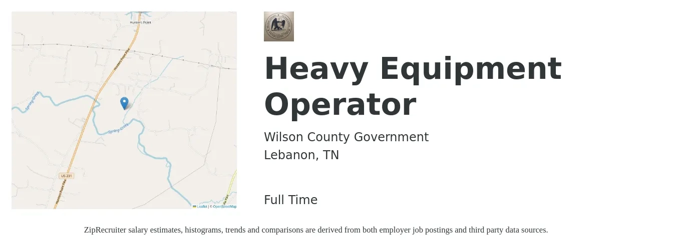 Wilson County Government job posting for a Heavy Equipment Operator in Lebanon, TN with a salary of $23 Hourly with a map of Lebanon location.