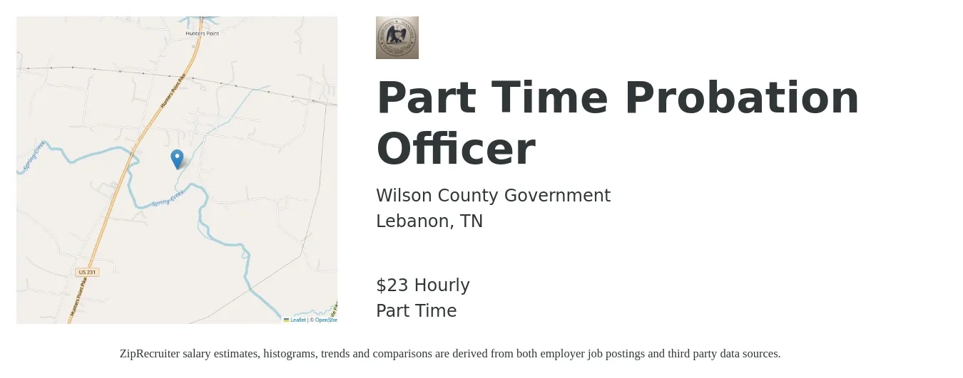 Wilson County Government job posting for a Part Time Probation Officer in Lebanon, TN with a salary of $24 Hourly with a map of Lebanon location.