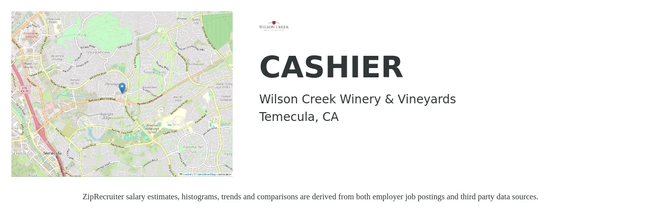 Wilson Creek Winery & Vineyards job posting for a CASHIER in Temecula, CA with a salary of $12 to $16 Hourly with a map of Temecula location.