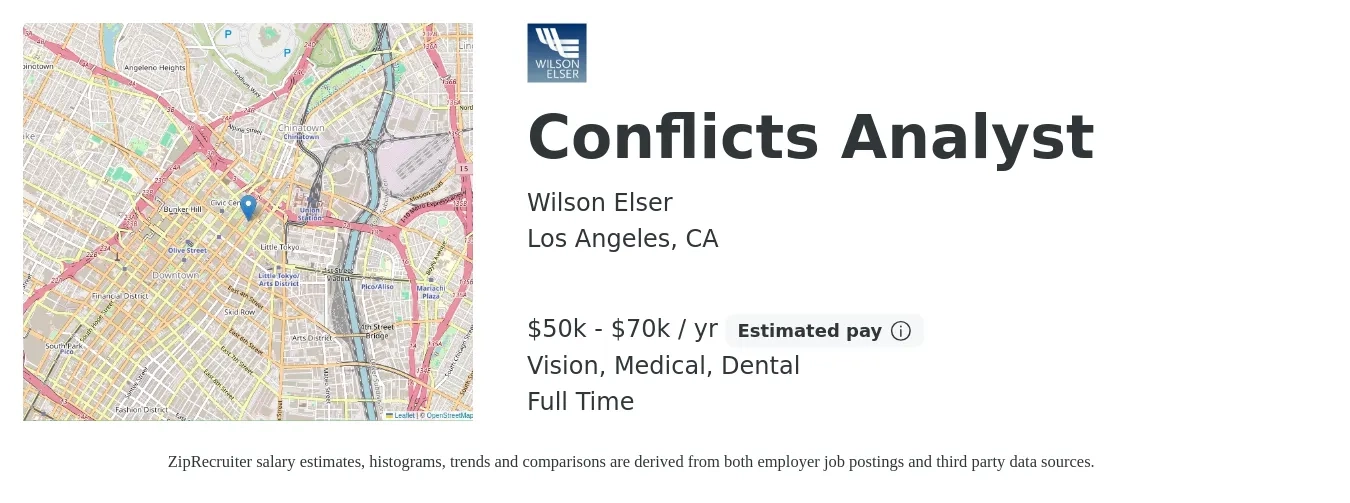 Wilson Elser job posting for a Conflicts Analyst in Los Angeles, CA with a salary of $50,000 to $70,000 Yearly and benefits including dental, life_insurance, medical, retirement, and vision with a map of Los Angeles location.